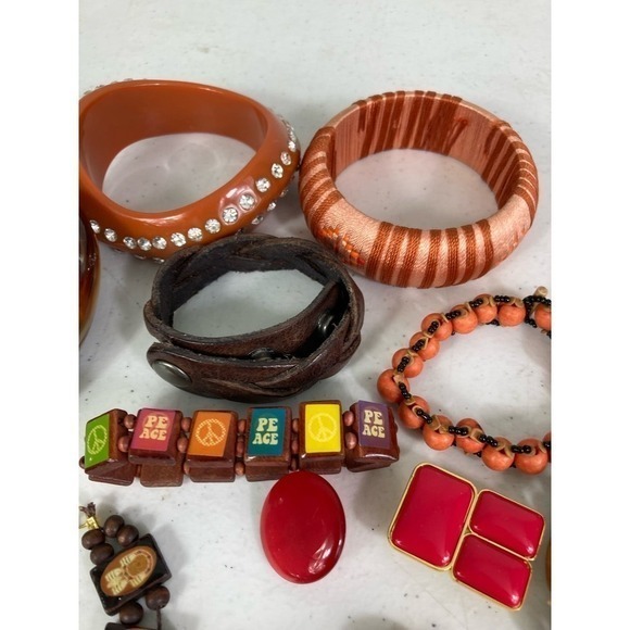 Boho Red Brown Orange Jewelry Lot Bracelets Bangles Necklaces Chunky Mixed Set - Picture 7 of 12